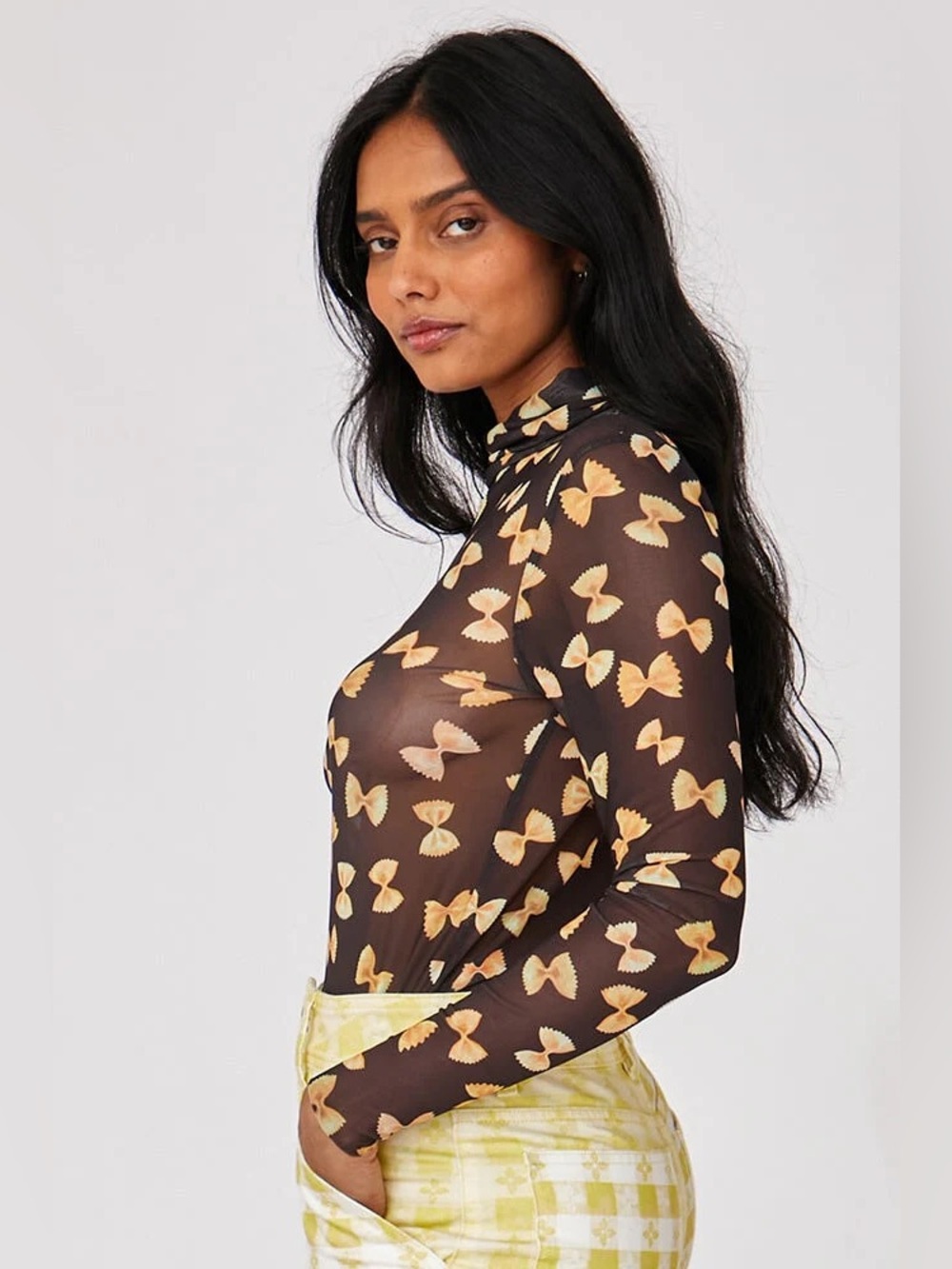 Rachel Antonoff Lillian Turtleneck Size M Bowtie Noodle Sheer Mesh Shirt